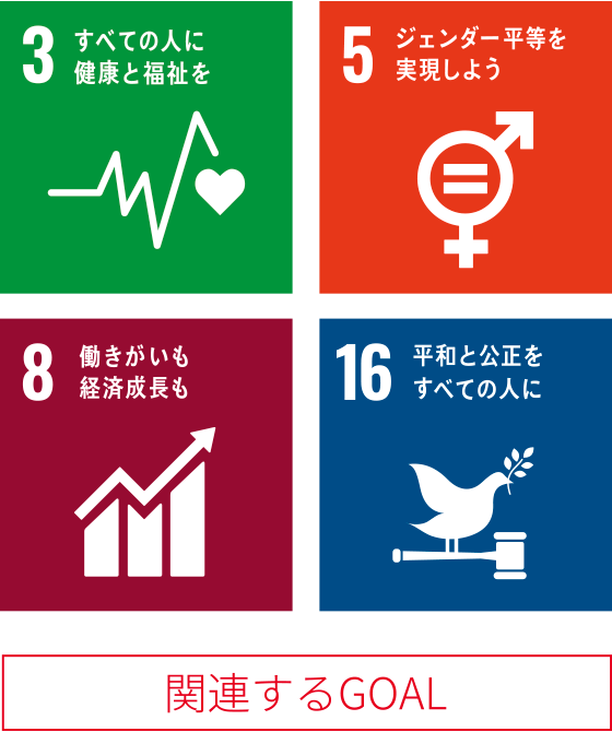 関連するゴール：３すべての人に健康と福祉を。5ジェンダー平等を実現しよう。８働きがいも経済成長も。１６平和と公正をすべての人に